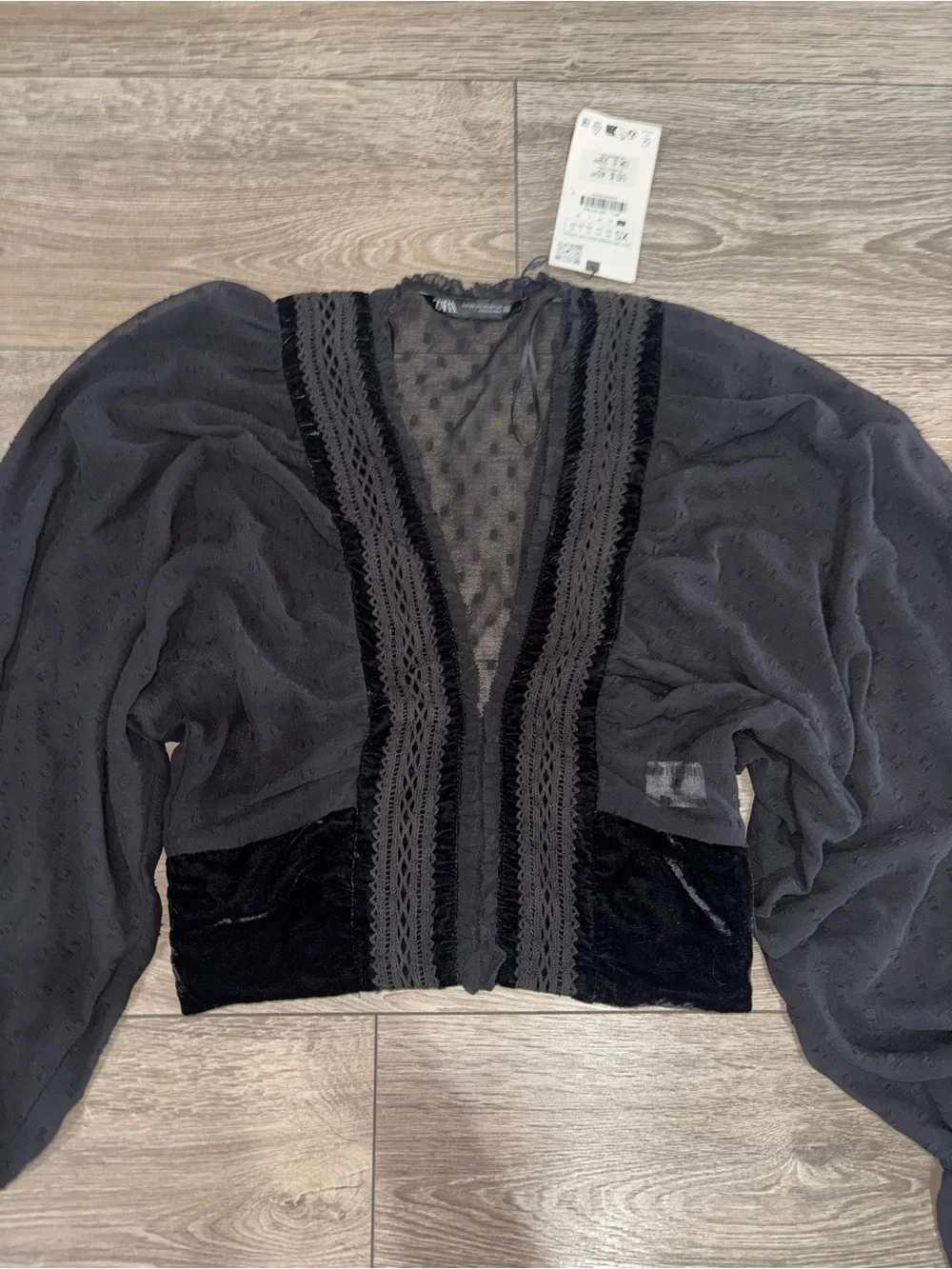 NWT Zara Black Mesh Velvet Trim Cropped Blouse XS